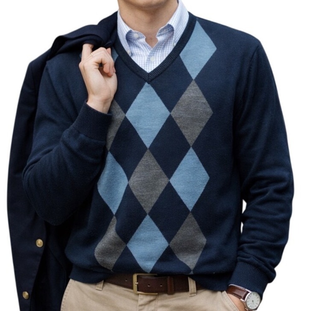 Davis & Squire Merino Wool Argyle V-Neck Men's Sweater Blue‎ Grey Size L Preppy